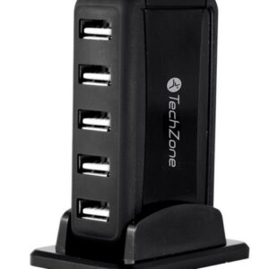 TZ17HUB01 Hub TECHZONE - 7 puertos USB 2.0, color negro con fuente de poder para el incremento de tasa de transferencia, 1 año de garantía.