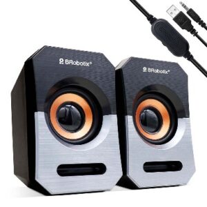 Bocina alambrica - stereo, usb + 3.5 mm, c/control de volumen, antideslizante, de escritorio, p/pc/laptop, negro/plata, BROBOTIX 963913