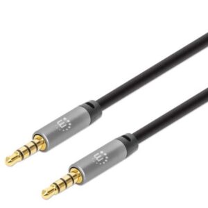 MANHATTAN 355995 Cable Auxiliar de audio estéreo - contactos chapados en oro, diseño delgado, negro/plata, 2m