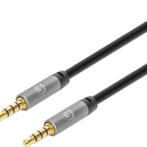MANHATTAN 356015 Cable Auxiliar de Audio Estéreo - Dos conectores macho de 3.5 mm, 5m, contactos chapados en oro, diseño delgado, negro/plata.