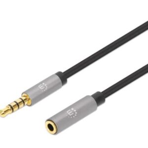 Extensión de Cable Auxiliar de Audio Estéreo MANHATTAN 356022 - 3.5 mm, Negro/Plata, 1 m