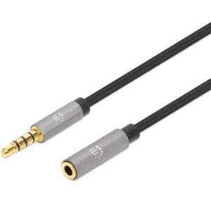 MANHATTAN 356039 Extensión de Cable Auxiliar de Audio Estéreo de 3.5 mm macho a 3.5 mm hembra - 2 m, contactos chapados en oro, diseño delgado, negro/plata