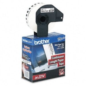 Etiqueta blanca continua de papel BROTHER DK2214 de 12 mm de ancho x 30.4 mts de largo. Impresión en negro. QL800 / QL810W / QL1110NWB.