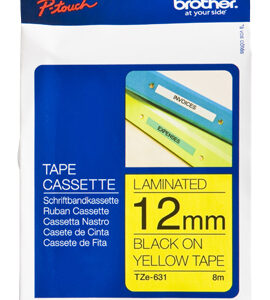 Etiqueta amarilla continua laminada BROTHER TZE631 - de 12 mm de ancho x 8 mts de largo. Impresión en negro.