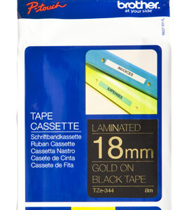 Etiqueta negra continua laminada BROTHER TZE344 - de 18 mm de ancho x 8 mts de largo. Impresión en dorado.
