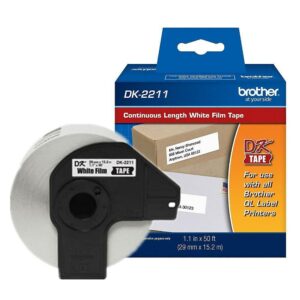 Etiqueta blanca plástica continua no laminada BROTHER DK2211 de 29 mm de ancho x 15.2 mts de largo. Impresión en negro. QL800 / QL810W / QL1110NWB.