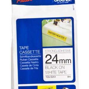 Etiqueta blanca continua laminada con adhesivo super resistente BROTHER TZES251 - de 24 mm de ancho x 8 mts de largo. Impresión en negro.