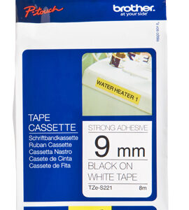 Etiqueta blanca continua laminada con adhesivo super resistente BROTHER TZES221 - de 9 mm de ancho x 8 mts de largo. Impresión en negro.
