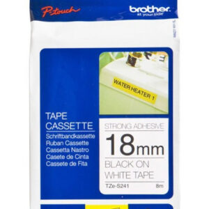 Etiqueta blanca continua laminada con adhesivo super resistente BROTHER TZES241 - de 18 mm de ancho x 8 mts de largo. Impresión en negro.