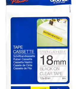Etiqueta clara continua laminada con adhesivo super resistente BROTHER TZES141 - de 18 mm de ancho x 8 mts de largo. Impresión en negro.