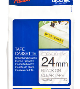 Etiqueta clara continua laminada con adhesivo super resistente BROTHER TZES151 - de 24 mm de ancho x 8 mts de largo. Impresión en negro.