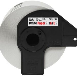 Etiqueta blanca continua de papel BROTHER DK2251 de 62 mm de ancho x 15.2 mts de largo. Impresión en negro/rojo. QL800 / QL810W