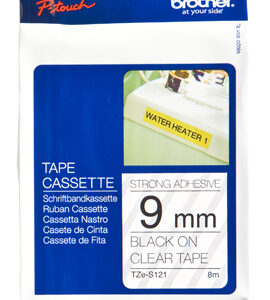 Etiqueta clara continua laminada con adhesivo super resistente BROTHER TZES121 - de 9 mm de ancho x 8 mts de largo. Impresión en negro
