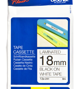 Etiqueta blanca continua laminada BROTHER TZE241 - de 18 mm de ancho x 8 mts de largo. Impresión en negro.
