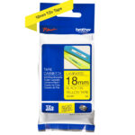Etiqueta amarilla continua laminada BROTHER TZE641 - de 18 mm de ancho x 8 mts de largo. Impresión en negro.