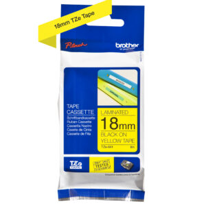 Etiqueta amarilla continua laminada BROTHER TZE641 - de 18 mm de ancho x 8 mts de largo. Impresión en negro.