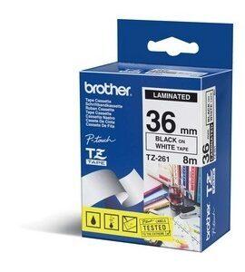 Etiqueta blanca continua laminada BROTHER TZE261 - de 36 mm de ancho x 8 mts de largo. Impresión en negro.