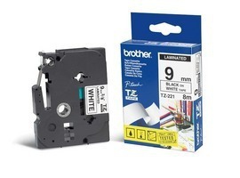 Etiqueta blanca continua laminada BROTHER TZE221 - de 9 mm de ancho x 8 mts de largo. Impresión en negro.
