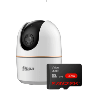 DAHUA DH-H3A - Cámara IP Domo Motorizado Wifi de 3 Megapíxeles con IA, autotracking, audio bidireccional (micrófono y altavoz), sirena integrada, IR de 10 m, detección de humanos y ranura MicroSD + Memoria SC QD111 MICRO SDHC 32GB