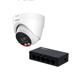 DAHUA PFS3005-5GT - Switch Gigabit de 5 Puertos No Administrable/ Capa 2/ 10/100/1000 Base-T/ Switching 10G/  + DH-IPC-HDW1439V-A-IL Cámara IP Eyeball 4 MP/ Iluminador dual inteligente/ Detección Humana/IR 30m/LED 30m/2.8 mm/Micrófono/PoE/IP67/