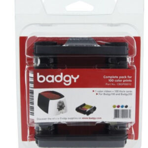 KIT de Consumible para BADGY 100 / 200 ( CBGP0001C ) incluye 1 cinta para 100 impresiones a color - 100 tarjetas de PVC blancas de 30 milésimas.