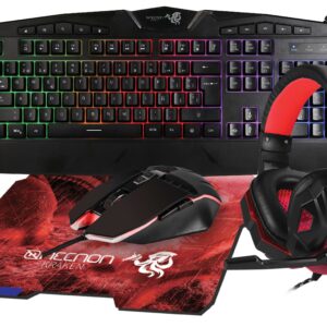 NECNON Kit gaming 4 en 1 NGC-KRAKEN audifonos led teclado 114 teclas mouse 7 botones hasta 3200dpi mousepad rojo
