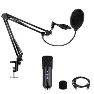 BROBOTIX Kit de Micrófono de Condensador Profesional - control de Volumen, USB. incluye Soporte de Brazo Ajustable de Suspensión (263908)