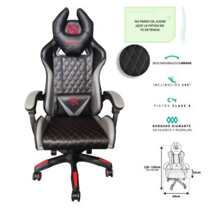 NECNON NSG-01 Silla gamer inclinacion respaldo 145° clase 4 140-150kg ngs-01 foam 350mm 63cm*64cm*121-131cm rueda 5 pulgadas cojin lumbar y cabeza gris/rojo