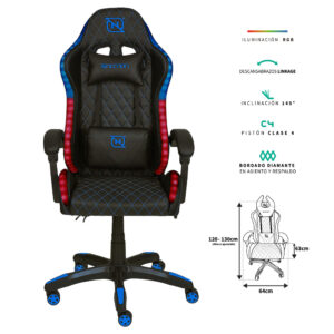 NECNON NSG-RGB-1 Silla gamer rgb inclinacion respaldo 145 clase 4 140-150kg nsg-rgb1 foam 350mm 63cm*64cm*121-131cm cojin lumbar y cabeza negro/azul