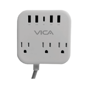 SUP USB 7P Centro de carga 7P VICA para protección contra sobretensiónes - 3 tomas con supresor de picos NEMA 5-15R, 4 puertos USB-A y 1 puerto USB-C