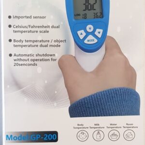 Termómetro Infrarrojo Modelo GP-200 - marca Yobekan. Permite detectar temperatura humana por vía infrarrojo, funciona con baterías AA (No incluidas).