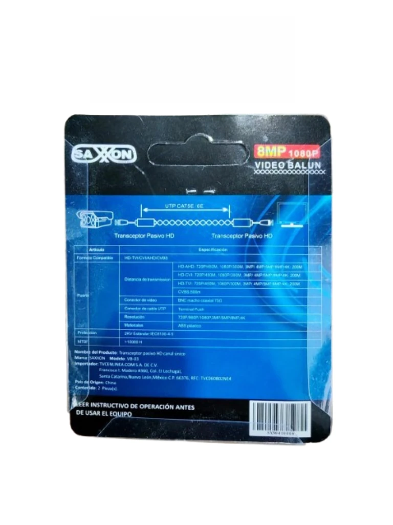 SAXXON VB-03 Par de transceptores pasivos (Video Baluns) soporta 8MP 4k a 150m, 4MP a 200m, 1080p a 250m, 720p a 300m en CVI. Compatible con HDCVI, TVI, AHD y CVBS. Incluye 1 terminal Push para fácil conexión - Image 4