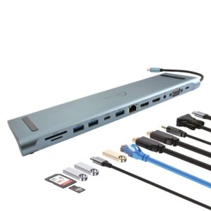 EC-LINE DockStation HUB USB-C EC Line (EC-BYL-2003U2) 12 en 1. Puertos SD/TF - SD, 2 USB 2.0/3.0, USB-C, LAN, 2 HDMI, Audio 3.5mm, VGA y PD. Garantía 1 año.