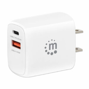 MANHATTAN 406291 Cargador de pared mini para carga de energía por USB de 2 puertos - 20 W - enchufe de EUA, Color blanco