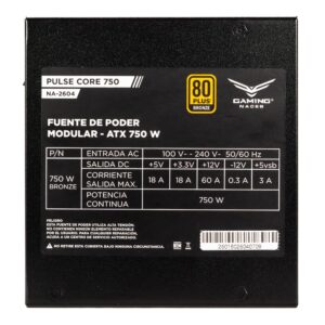 Naceb Gaming Fuente de Poder Pulse Bronze NA-2604 Potencia de 750W (650W reales) - Certificación 80 Plus Bronze con eficiencia de 95, Compatible con Windows y Mac
