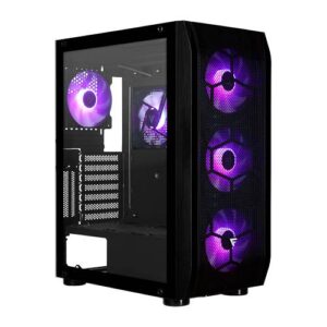Gabinete GAME FACTOR CSG400 - mid tower, 2 usb 3.2 1x usb c, atx-e, 5 ven argb, cristal temp, negro