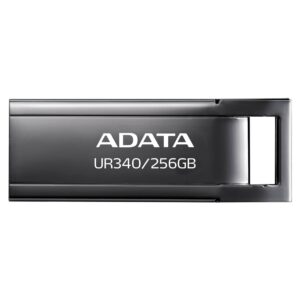 ADATA Memoria USB de 256GB UR340 3.2 Gen 1 (retrocompatible 3.0 y 2.0) - diseño elegante sin tapa. Color Metálico negro. AROY-UR340-256GBK
