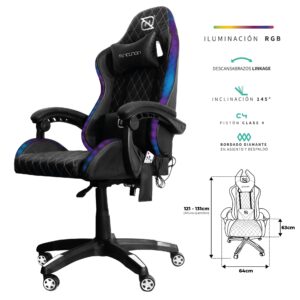 NECNON NBSGR132RG Silla gamer rgb inclinacion respaldo 145° clase 4 140-150kg ngs-01 foam 350mm 63cm*64cm*121-131cm rueda 5 pulgadas cojin lumbar y cabeza negro/blanco