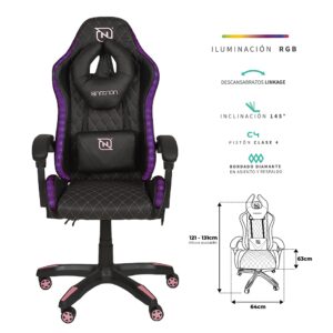 NECNON NBSGR128RG Silla gamer rgb inclinacion respaldo 145 clase 4 140-150kg nsg-rgb1 foam 350mm 63cm*64cm*121-131cm cojin lumbar y cabeza negro/fuscia
