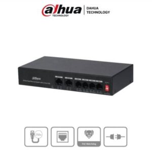 Dahua Technology DH-PFS3006-4ET-36 Switch PoE de 6 Puertos Fast Ethernet/4 Puertos PoE 10/100/ 2 Puertos uplink 10/100/ 36 Watts Totales/ Switching 1.2 Gbps NB