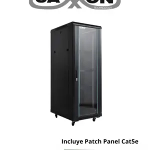SAXXON SXR37U6637S + OC5U8BBH24K - Gabinete de Piso 37UR con Puerta de Vidrio Templado, 2 Ventiladores 110V y Patch Panel Cat 5e de 24 Puertos
