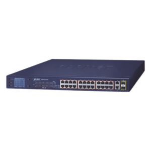 PLANET FGSW-2622VHP – Switch PoE No Administrable / 24 Puertos 10/100 Mbps / 2 Puertos Combo Gigabit TP/SFP / PoE 802.3af/at 300 W / Alcance Extendido 250 m (820.2 ft) / Pantalla LCD