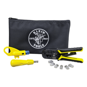 KLEIN TOOLS VDV026212 – Kit de Instalación de Cable UTP / Pelacables Radial / Ponchadora Modular / Ponchadora 110 / 6 Conectores RJ45-Cat5E / Estuche con Cierre Relámpago