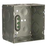 RACO HUB260 – Caja de Conexión Cuadrada / Acero Soldado / 4.69 x 4.69 in / Profundidad 3-1/4 in (82.55 mm) / 66.7 in³ / Entradas 1/2" a 2" / UL Listed