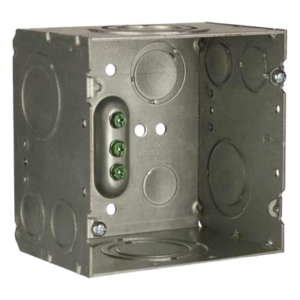 RACO HUB260 – Caja de Conexión Cuadrada / Acero Soldado / 4.69 x 4.69 in / Profundidad 3-1/4 in (82.55 mm) / 66.7 in³ / Entradas 1/2" a 2" / UL Listed