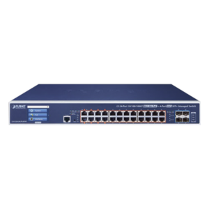PLANET GS-5220-24UPL4XVR – Switch Administrable Capa 3 / 24 Puertos Gigabit PoE++ 802.3bt 75 W / 600 W PoE Total / 4 Puertos 10G SFP+ / Pantalla Táctil LCD / Fuente Redundante CA/CC