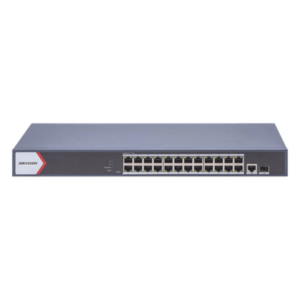 HIKVISION DS-3E1526P-EI – Switch PoE+ Monitoreable / 24 Puertos Gigabit / 1 Puerto Uplink SFP / 1 Puerto Uplink Gigabit / Alcance Extendido 300 m (984.3 ft) / 370 W PoE+