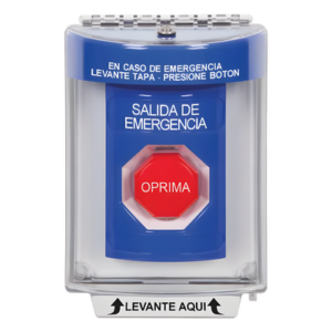 STI SS2438EX-ES – Botón Multipropósito / Salida de Emergencia / Reset Neumático / Sin Bocina / Texto Español / Tapa Policarbonato / 2 Relevadores Forma C / Interior-Exterior / -40°C a 121°C