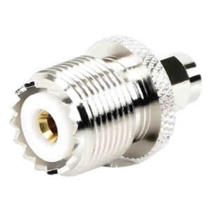 RF INDUSTRIES,LTD RSA-3457 – Adaptador Coaxial en Línea / SMA Macho a UHF Hembra (SO-239) / Cuerpo Bronce Niquelado / Contacto Oro / Aislante Teflón