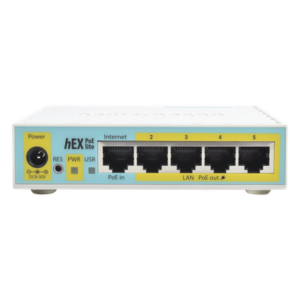 MIKROTIK RB750UPR2 – RouterBoard / 5 Puertos Fast Ethernet / 4 con PoE Pasivo / USB 2.0 / CPU 650 MHz / Rango -30°C a +70°C
